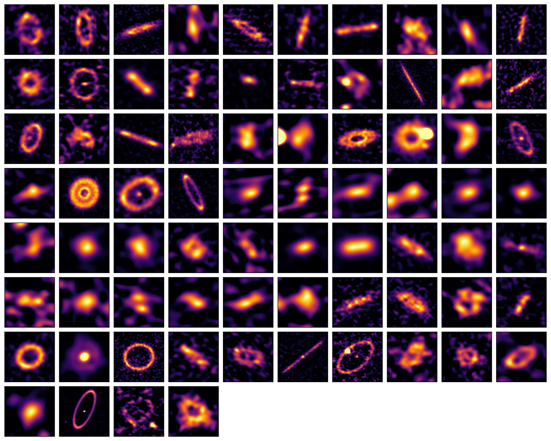 Galerie complète des 74 ceintures d'exocomètes révélées avec ALMA et SMA. Chaque image est centrée sur l’étoile autour de laquelle orbitent les poussières observées, mais celle-ci reste invisible aux longueurs d’ondes millimétriques utilisées pour ces observations. Galerie complète des 74 ceintures d'exocomètes révélées avec ALMA et SMA. Chaque image est centrée sur l’étoile autour de laquelle orbitent les poussières observées, mais celle-ci reste invisible aux longueurs d’ondes millimétriques utilisées pour ces observations.
